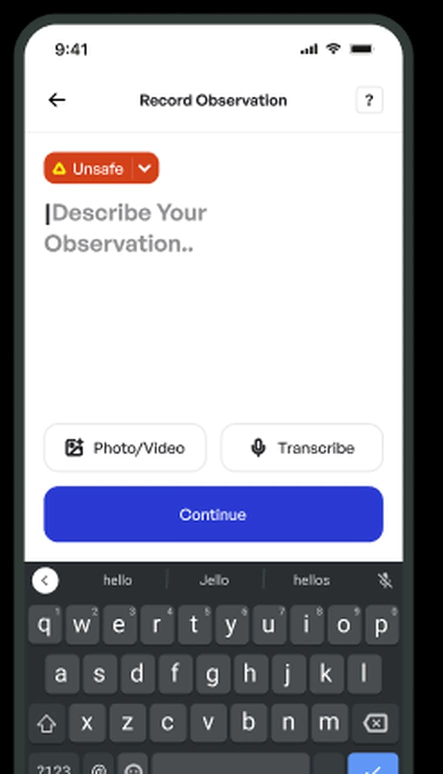 Notch mobile app — record observation screen
